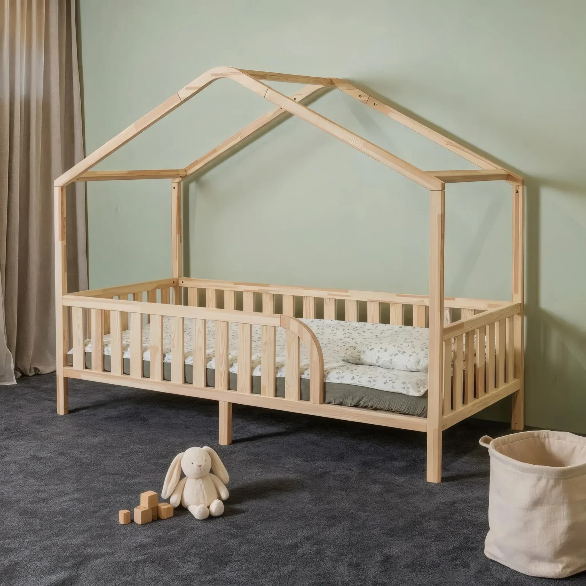 Montessori-Hausbett auf Beinen aus Naturholz mit abgerundetem Dach, Schrägansicht