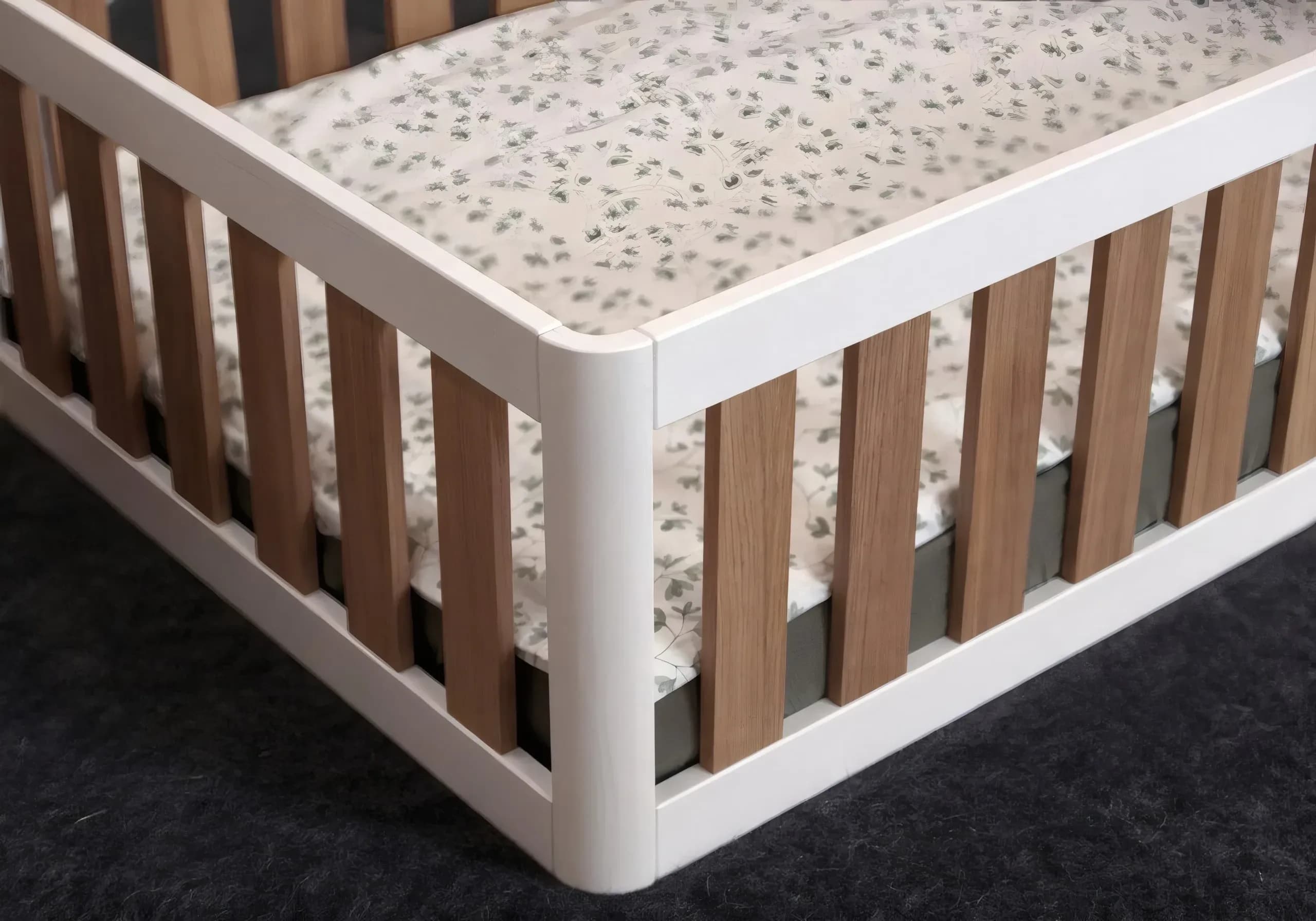Close-up of the white frame and oak bars of the two-tone bed