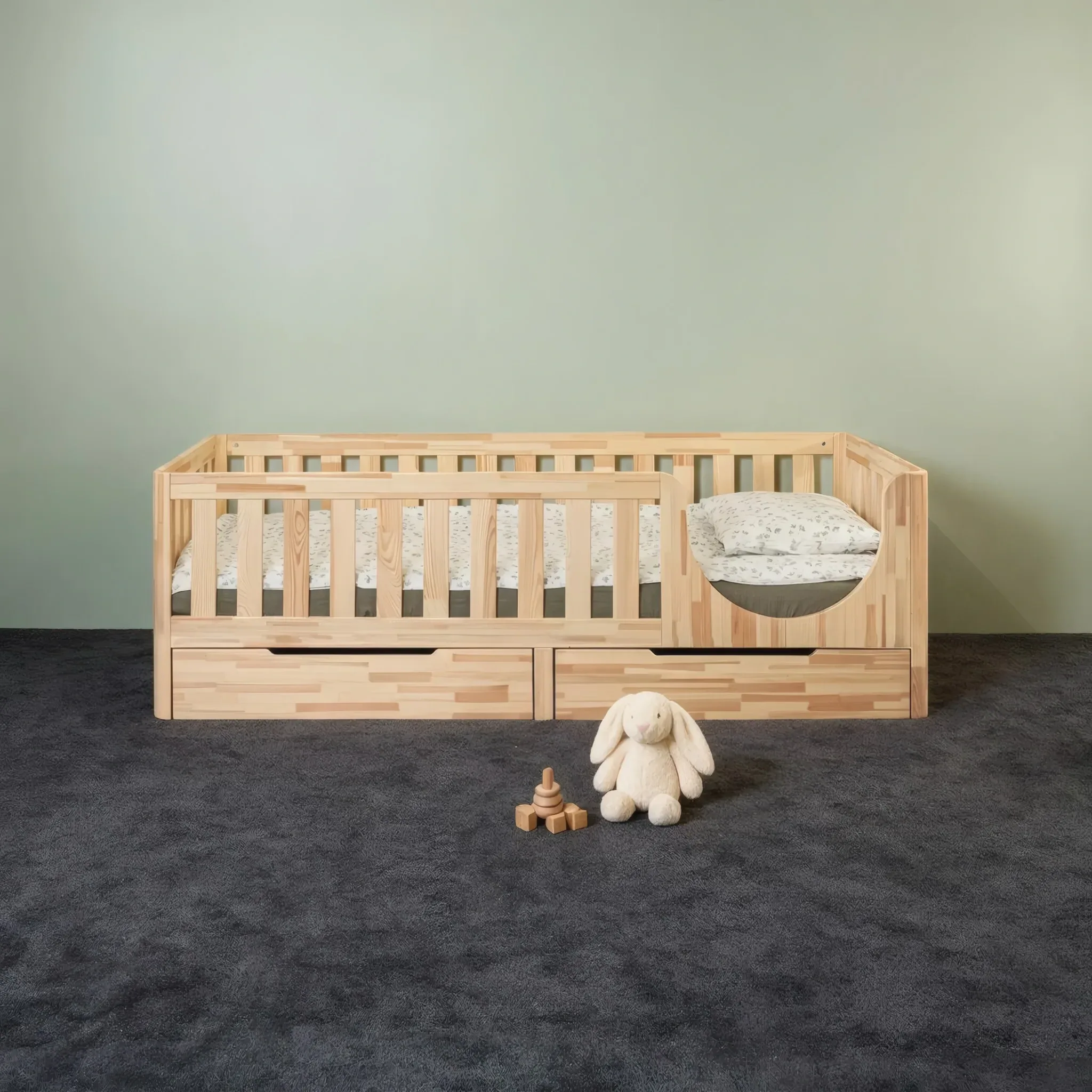 Cama Montessori con dos cajones y entrada semicircular, vista previa