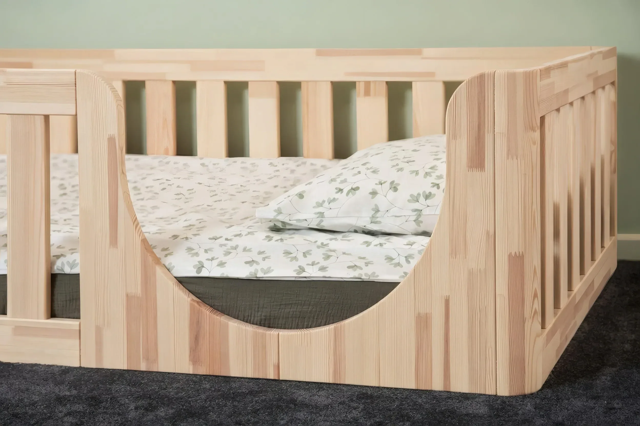 Primer plano de la entrada semicircular de la cama de suelo Montessori de madera